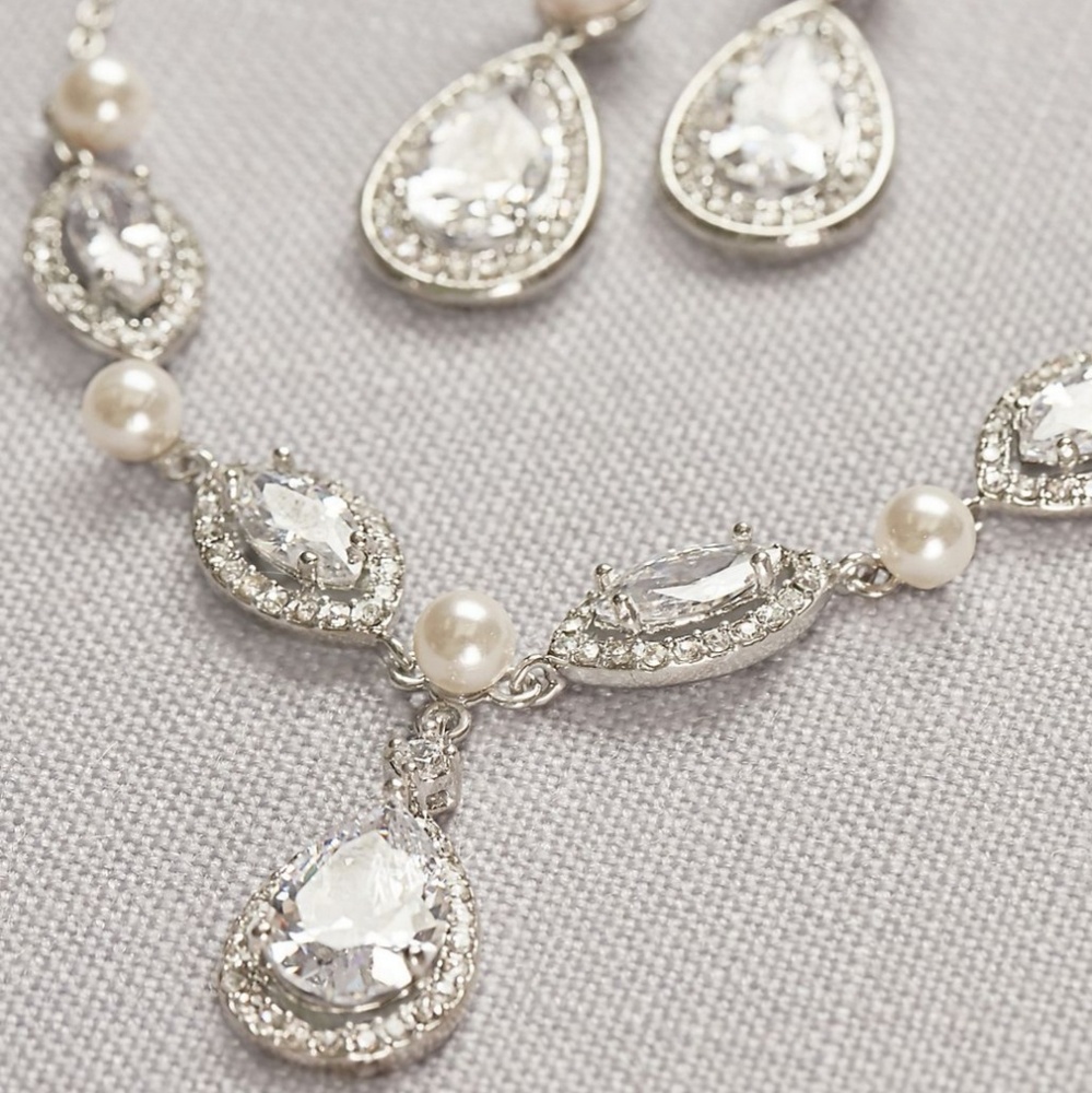 Cubic zirconia and pearl drop necklace and earring